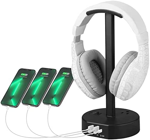 ZEXDOK Поставка за слушалки, стойка за слушалки, USB-Зарядно, Кръгла Поставка, кабел за Удължаване с 2 розетки, 3 USB (2A + 1C), Алуминиево укрепване на планк, подходящ за геймър