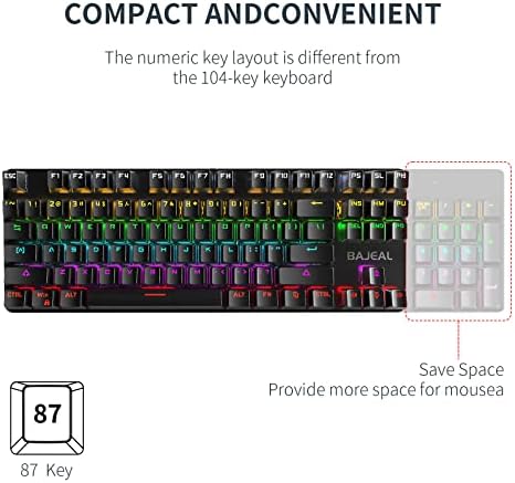Жичен Механична Клавиатура BAJEAL Teclado с RGB подсветка с възможност за гореща замяна Сини стрелки за игри PC (87 клавиши) (черен)
