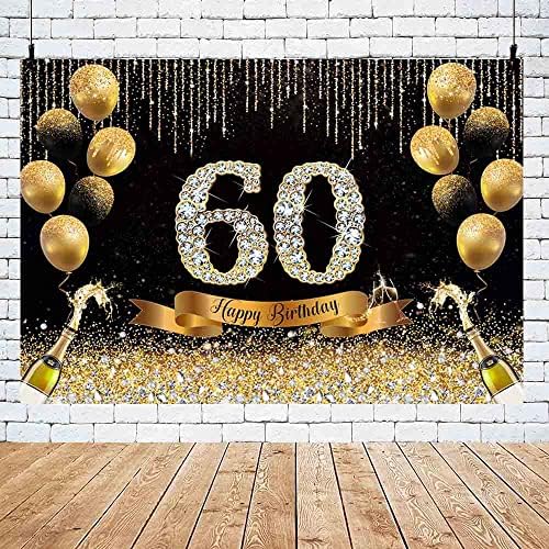 AIBIIN 7x5ft Черно-Златния Фон на 60-ия рожден ден, Поздрави на 60-Годишнината на Фон За Снимки, Женски Златни Банер с Пайети и Диаманти, Балони, Украса за парти с Шампанско, ?