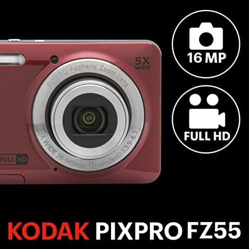 16-Мегапикселова цифрова камера KODAK PIXPRO Friendly Zoom FZ55-RD с 5-кратно оптично увеличение, широкоъгълен 28 мм широк екран, 2,7LCD екран (червено)