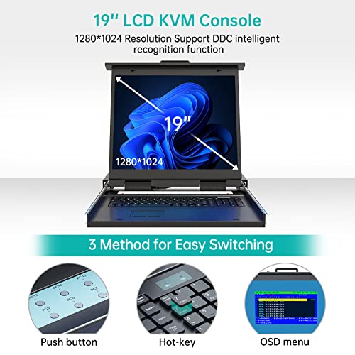 Конзола за KVM MT-TANQ с 16 порта за монтаж в шкаф с 19-инчов LCD монитор, стандарт, 1U, прибиращ се KVM-дисплей, пълна кабел 16 KVM + Клавиатура + тъчпада, поддръжка на USB + VGA