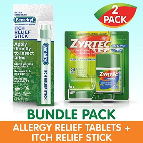 Хапчета за облекчаване на алергии Zyrtec Zyrtec 70 Ct и пръчка за облекчаване на сърбеж Benadryl, в опаковка, 2 броя, брой 70 броя (опаковка от 12 броя)
