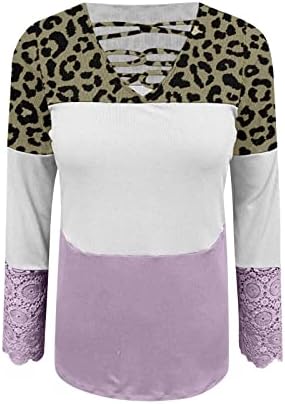 JJHAEVDY/ Дамски Блузи С Леопардовым Принтом, Ежедневни Тениски с Цветен Блок, С Дълъг ръкав и Кръстосано деколте