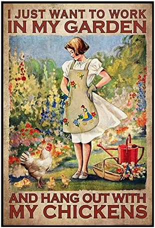Реколта Метална Плоча с изображение на Момиче, Лидице Табела Пиле във фермата, Аз просто искам да Работя в градината Си и Излизаш
