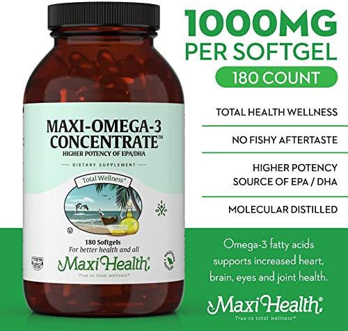 Добавка Maxi Health Omega 3 - Концентрат на рибено масло Омега-3 - Високоефективен източник на незаменими мастни киселини EPA / DHA - За здраве на сърцето, мозъка и ставите - Серти