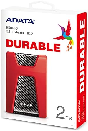 Външен твърд диск ADATA HD650 2TB USB 3.1, удароустойчив, червен (AHD650-2TU31-CRD)