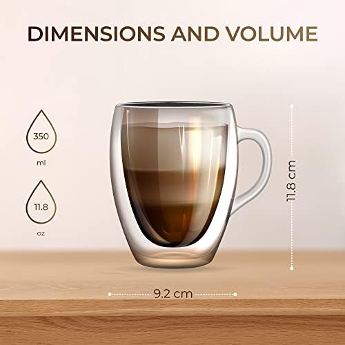 Чаши за кафе MARTINO с двойни стени от стъкло - Стъклени Чаши с дръжка - Изолирани Чаши за Кафе - Прозрачни Чаши за Кафе Комплект от 2