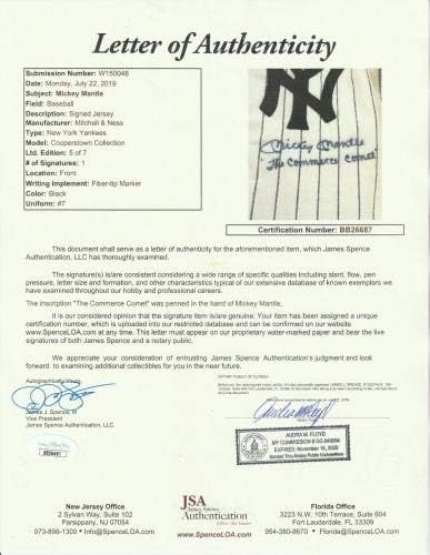 Прекрасен Мики Мэнтл Комета Търговия Подписа фанелката на Ню Йорк Янкис JSA - Тениски MLB с автограф
