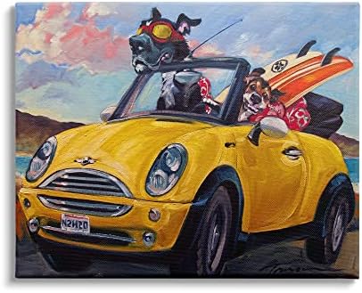 Stupell Industries Пет Dogs Жълта Дъска За сърф с Мек Покрив, Плажен Автомобил, Платно, Стенно Изкуство, 30 x 24