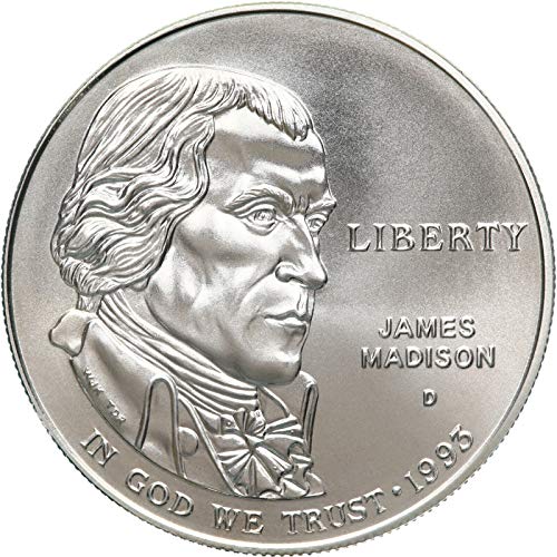 Незабравим Сребърен долар 1993 г. от Джеймс Мэдисона по Биллю за права - Скъпоценен Диамант, Без лечение - Монетен двор на САЩ