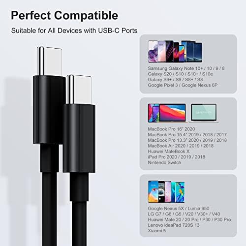 Кабел Apple USB C-USB C мощност 100 W / 5A [2 опаковки / 6 фута], Сменяеми Кабела на зарядното устройство Type C за MacBook Pro 16, 15, 14, 13 инча, MacBook Air, 2020/2019/2018, iPad Pro/Air - Черен