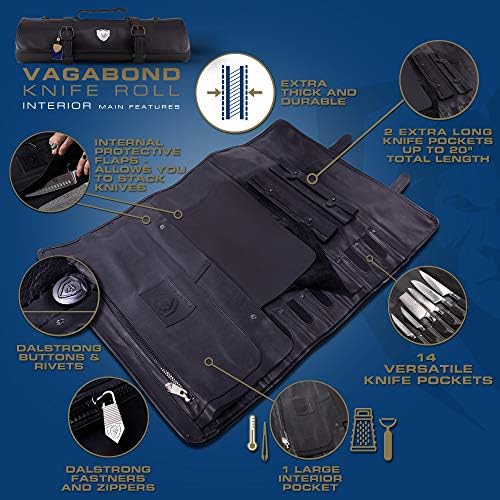 Хвърляне на ножове Dalstrong Vagabond - Рулонная чанта от бразилската кожа с подплънки и горния слой на зърното - 16 офиси - Тъмно черно - Вътрешна и Задни джобове с цип - Пътен ?