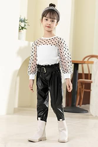 WIQI/ дрехи за малките момичета, от 1 до 6 години, мрежест топ с дълги ръкави + панталони от изкуствена кожа с колан, 3