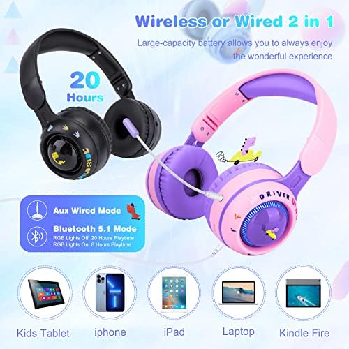 QearFun Детски Bluetooth-Слушалки за деца, Сгъваеми 9 Цветни led лампи, Безжични Слушалки-Динозаври с микрофон и вход жак 3.5 мм, Детска Слушалки за момичета и момчета, Подаръци