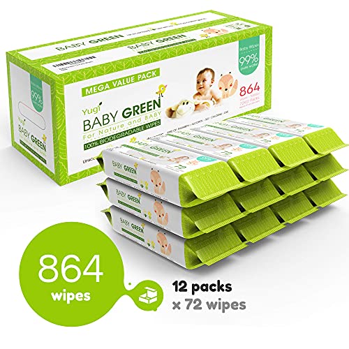Детски зелени салфетки, без мирис, компостируемые, биоразградими и притежаващи органични стойност (12 опаковки от 72 броя) 864 за чувствителна кожа