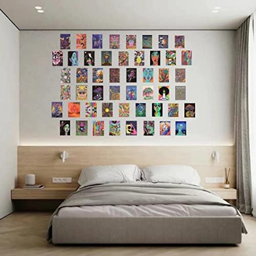 SEQLA71 50 Опаковки Психеделични плакати в стил хипи-Естетически картини на стената в стаята, Стилни Малки смешни Плакати в стаята в Общежитието, Стилен Кошмарен Принт