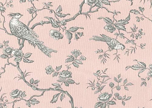 Френски текстил The Regal Birds Плат - Реколта Пастельно-розова с оловянным и бял | Дизайн на принт от памук двойна ширина | Ширина 110