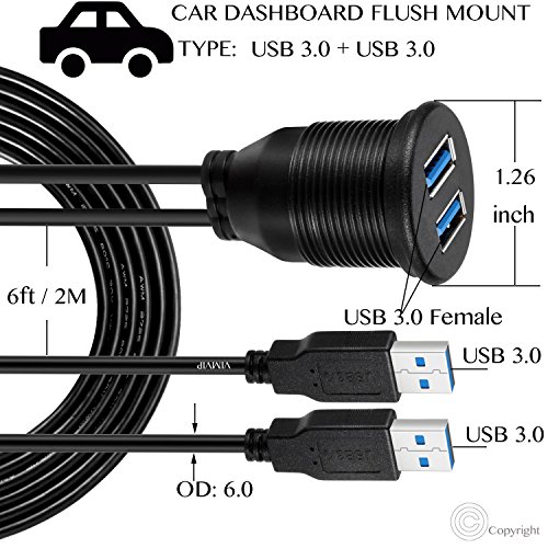 VIMVIP Авто розетка, 2 порта USB 3.0, водоустойчив удлинительный кабел за закрепване към таблото на дължина 6,5 метра за в колата