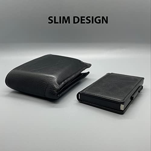 Поп минималистичен кожена кесия - Стелт-държач за карти с кожен джоб за пари - RFID заключване - Тънък метален калъф за банкови