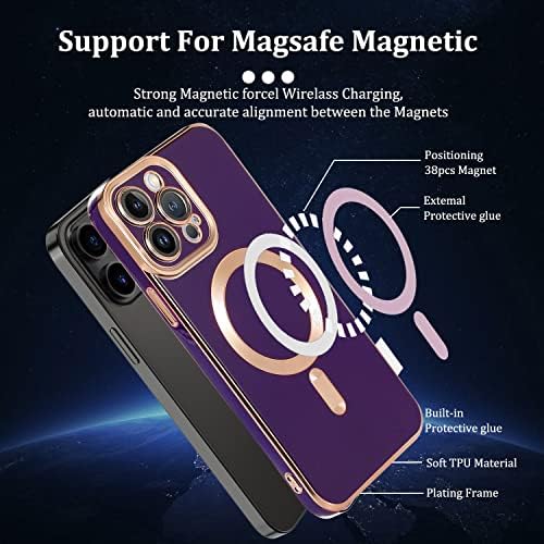 Магнитен калъф BVCY за iPhone 14 Pro Max Case Magsafe със Защитно покритие за камера със Златен ръб, Мек устойчив на удари калъф