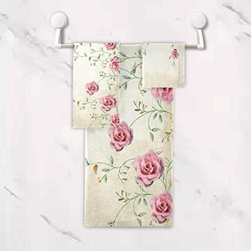 Комплект Хавлиени Кърпи / хавлии за баня, Пролетен Цветен Розови Рози Цвете, Луксозен Сет от 3 хавлиени кърпи, 1 Банного кърпи, 1 Кърпи