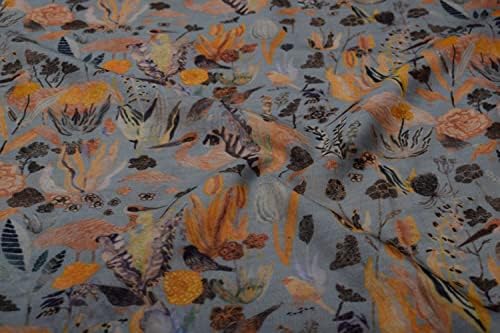 The Design Cart Светло Сив Памучен Коприна тъкани Chanderi с принтом оранжеви цветя за декоративно-приложни изкуства, занаяти,