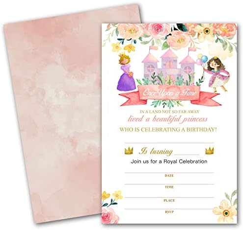 Покани за парти в чест на рождения Ден в Замък на принцеси, 25 пощенски картички с конвертами, Парти в чест на раждането на детето / Разкриване на пода / Покани картичк