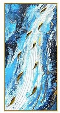 Стенно изкуство 3D Ръчно рисувани - Ръчно маслена живопис Платно в произведение на Изкуството фигурка девет риби златна линия абстрактна