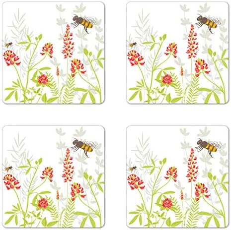 Комплект от 4 на каботажните Ambesonne Honey Bee, Ботанически вид Распускающихся цветя и листа, Квадратни Гланц Влакчета от оргалита за напитки, Яблочно-Зелено, Тъмно розово