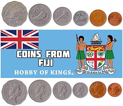 5 Монети с Фиджи | Колекция фиджийских монети от 5 10 20 50 цента на 1 долар | В обращение 2009-2010 | Елизабет II | Кану-каяк | Фиджийский барабан | Хвърляне клуб | Зъб Кашалота | Saq