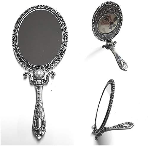 Ръчно огледало Антични с Поставка за Двустранно Складное лек гланц Сребърна за Огледала за Грим от 18 см (7 инча)