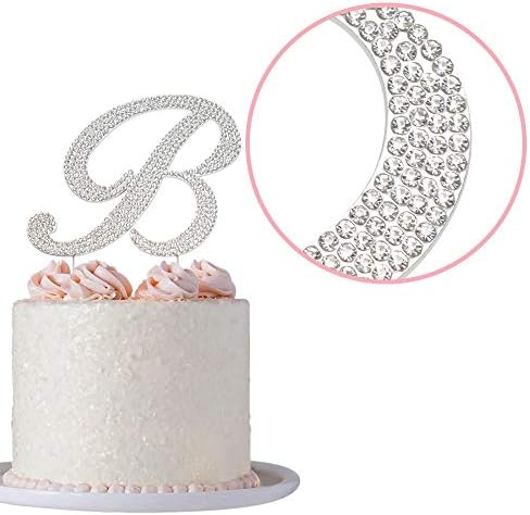 Topper за торта с буквата B - Сребрист метал Премиум клас- Курсив с монограм B На сватба или годишнина, Първоначалната украса