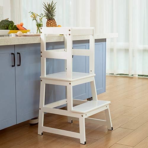 Кухненски стол-стремянка за деца с Предпазни пръчка за кухненски шкафове от масивно дърво (Бял)