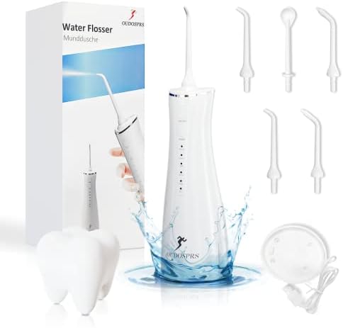 OUDOSPRS Водна конци за почистване на зъби с основание, Водни клечки за Зъби за почистване на зъбите, 5 режима и 5 накрайници, Безжични
