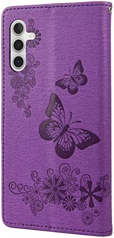 Mavis's Дневник, Съвместим с Samsung Galaxy A14 5G Чанта-портфейл, Магнитна Корица-Фолио от изкуствена кожа с релефни във формата на пеперуда и държач за карти, Елегантен флип ка