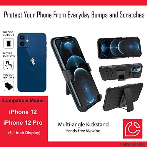 Калъф Ohiya е Съвместим с iPhone 12 [Защита от военен клас, Ударопрочная сверхпрочная кобур-стойка, Защитен Черен калъф за iPhone 12 с 6,1-инчов