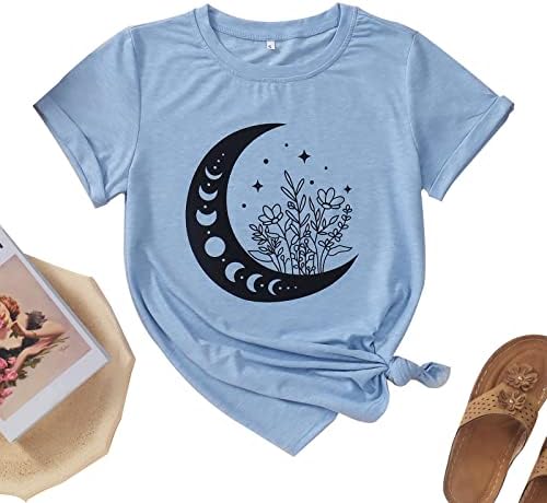 Дамски Летни Ризи с Цветен Модел на Луната, Сладки Тениски в стил Бохо с Полевыми цветя, Тениска с Къс Ръкав и кръгло Деколте,