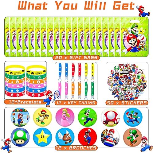 TXTHcpo 106 бр. подаръци за парти в чест на рождения Ден на Марио, набор от аксесоари за партита Марио включва 12 бутони,