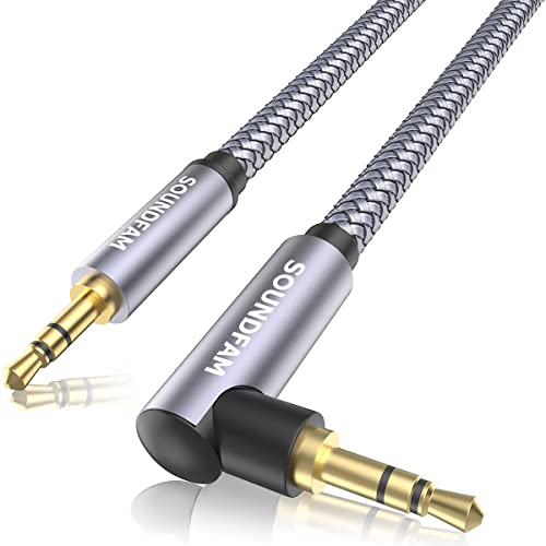 Помощен кабел SOUNDFAM AUX 90 градуса аудио кабел с 3,5 мм [1,6 метра / 0,5 м, сив] С найлон оплеткой от един мъж към мъж, помощен кабел, съвместим с стереосистемами, смарт телефон