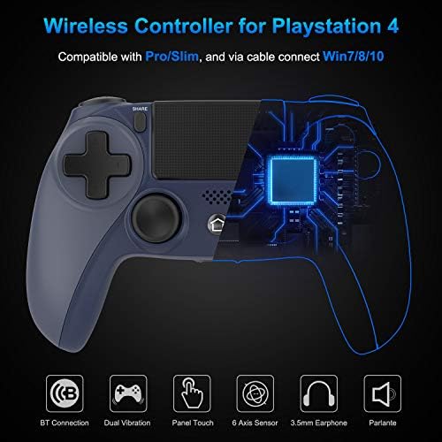 Безжичен гейм контролер Medvoe за PS4, Вграден Високоговорител/Жироскоп/Моторници Джойстика, Дистанционно геймпад за конзола Playstation 4/Slim/Pro - Midnight Blue