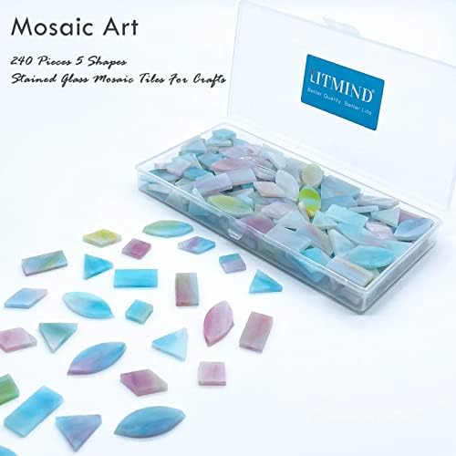 Набор от мозаичных плочки от витражного стъкло LITMIND за бродерия - Редуване на розово и синьо, 240 броя, 5 смесени форми (правоъгълник, триъгълник, диамант, квадрат, лист