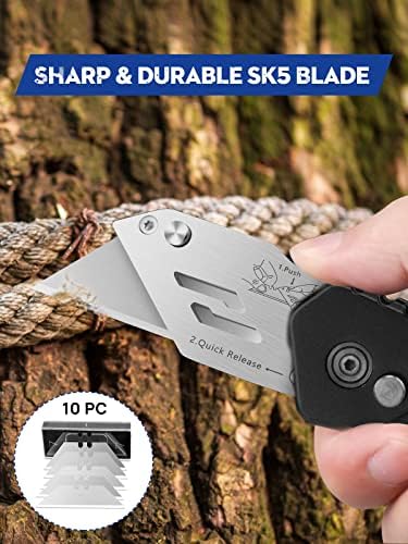 Универсален нож, Тежкотоварни Опаковки нож BIBURY Модернизирана версия, Джобен нож за килими с 10 сменяеми остриета от неръждаема стомана SK5, клип за колан, бутон за лес