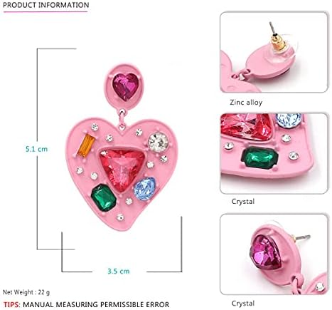 Обеци с висулки във формата на сърце за жени - Ярко розови кристали, висящи обеци с форма на сърце, Голям многоцветен кристал, Реколта Ефектен Забавни Модни Бижута, П