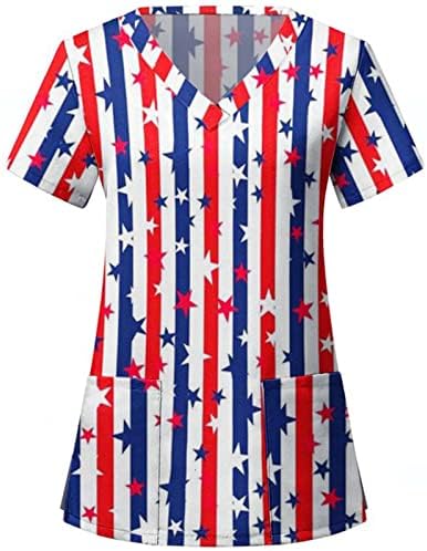 Женска Тениска с Флага на САЩ 4 юли, Лятна Риза с Къс Ръкав и V-образно деколте и 2 Джобове, Блузи, Празнична Ежедневни работни Дрехи