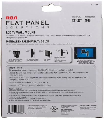 Монтиране на стена за LCD телевизор RCA MAF30BKR с един повратен за монтиране на стена с удлинителем 6,2 инча за телевизори