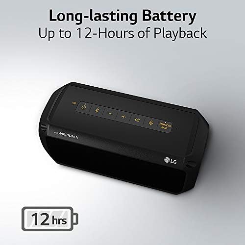 Преносима безжична Bluetooth-колона на LG XBOOM Go PK3 Wireless, Подобрени баси, Звук от Меридиан, водоустойчив, живот на батерията 12 часа – черен
