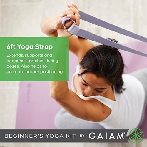 Комплект за йога Gaiam Beginner's Starter Kit (килимче за йога, блок за йога, с каишка за йога) - Лесен нескользящий подложка за упражнения с дебелина 4 мм с принтом за ежедневна йо