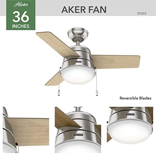Хънтър Фен Company, 59303, 36-инчов вентилатор на Тавана Aker от Полиран Никел с led подсветка и Тянущей верига