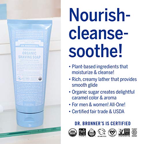 Dr. Bronner's - Органични сапун за бръснене (без мирис, 7 унции) - Сертифицирано органично, със захар и пудра Шикакаи, успокоява и хидратира за плътно комфортно бръснене, На?
