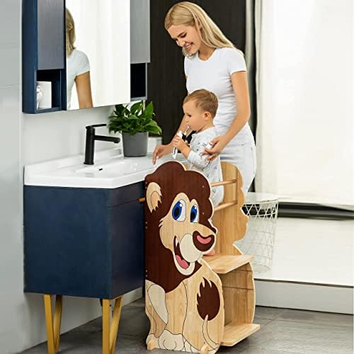 Max & Me Очарователен детски кухненски стол-помощник във формата на Лъв, Кухненски стол с регулируема височина за деца. Сигурен табуретка Монтесори и поставка за детс?